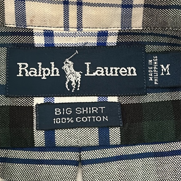 Ralph Lauren Men’s Medium Big Shirt Navy Green Plaid Long Sleeve Shirt - Picture 2 of 6